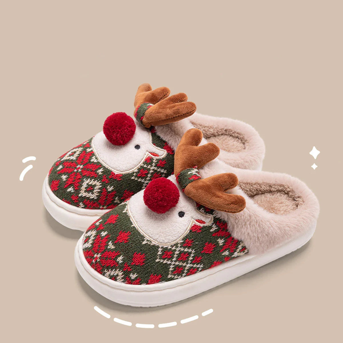 Cozy and festive plush elk-themed slippers in Christmas green and red colors