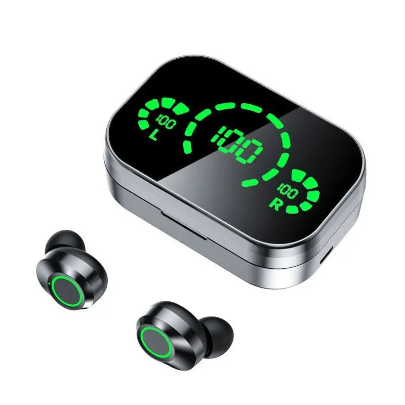 Wireless Bluetooth earbuds with digital display, showing different color and style options