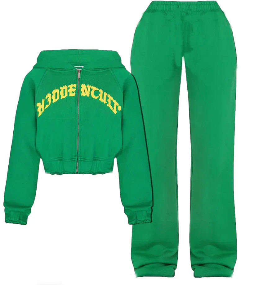Retro Zip-Up Sports Suit with Cropped Sweatshirt and Drawstring Pants in Black, Green, Wine Red, and Pink