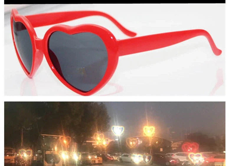 Stylish heart-shaped sunglasses with unique lens design that transforms light into enchanting special effects