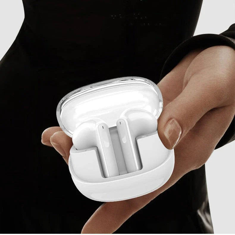 Wireless Bluetooth earbuds with transparent design, offering 9D surround sound, ergonomic fit, and convenient connectivity