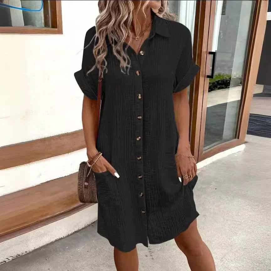 Stylish midi dress with short sleeves, made of premium polyester fabric and available in a range of colours