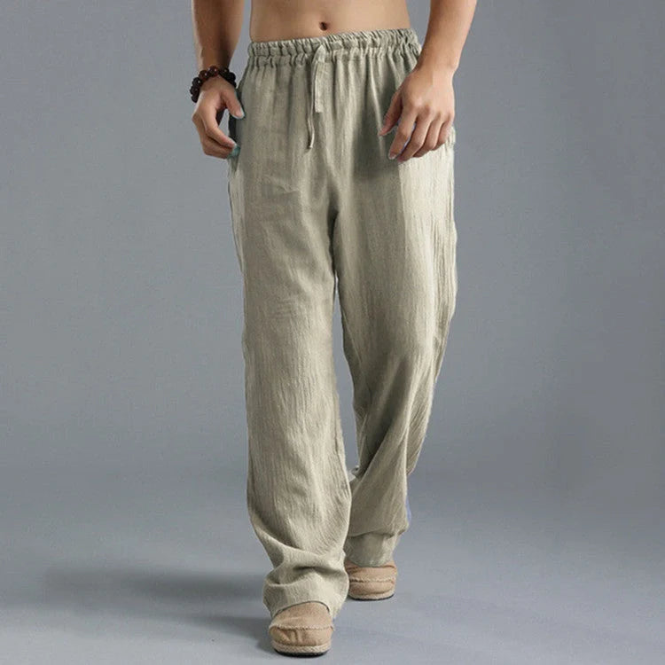Men's breathable linen loose-fit sports pants in khaki, black, light blue, and off-white