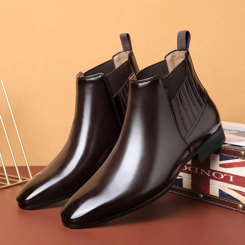 Stylish pointed toe Chelsea boots for men in black and brown colors, featuring a square heel and British-inspired design.