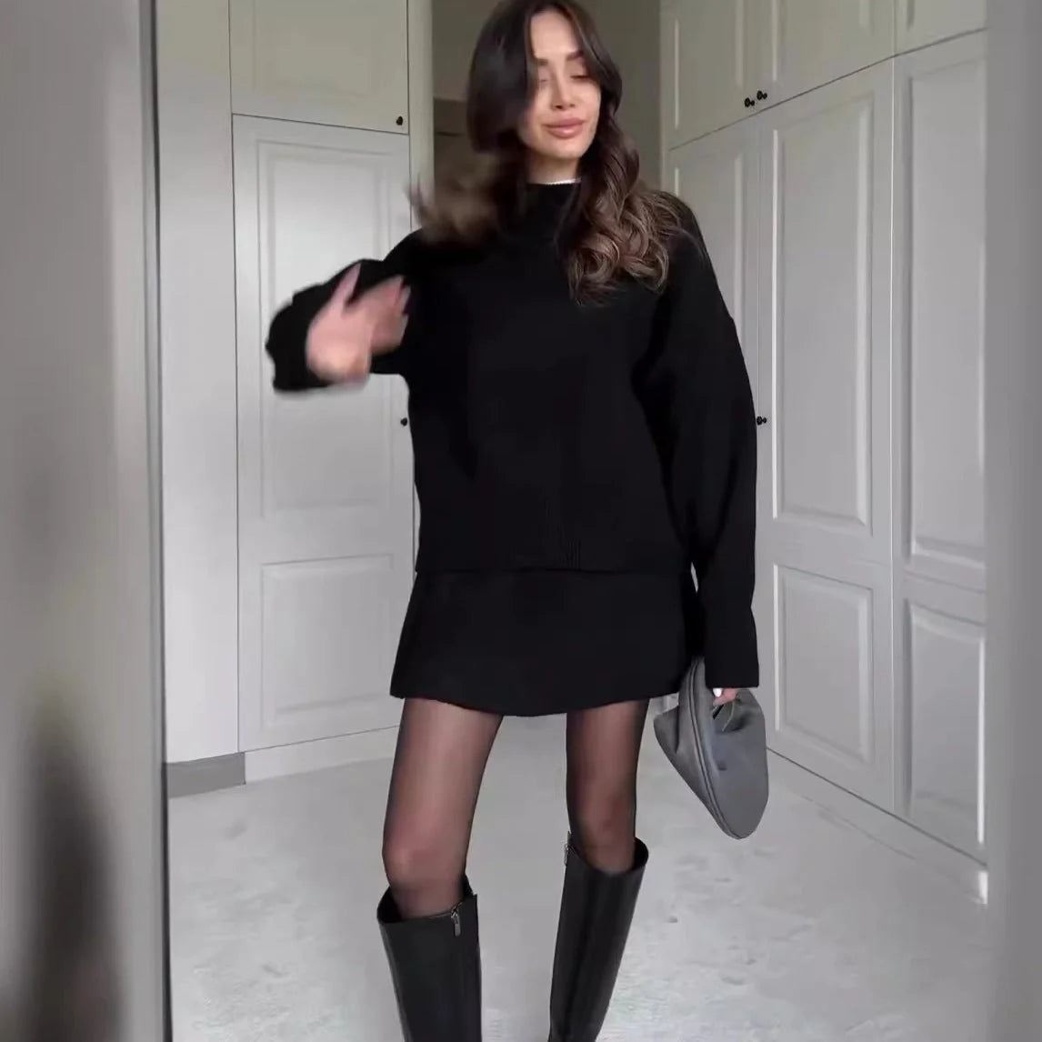 Sophisticated two-piece knit jumper and mini skirt set in a range of classic colours