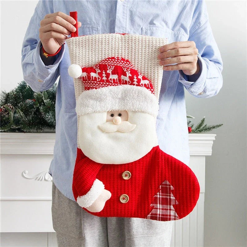Cozy knit Christmas stocking with classic Santa Claus or whimsical snowman design for festive fireplace and tree decor