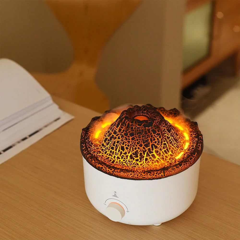 Small simulated flame volcano humidifier with aroma diffuser and remote control
