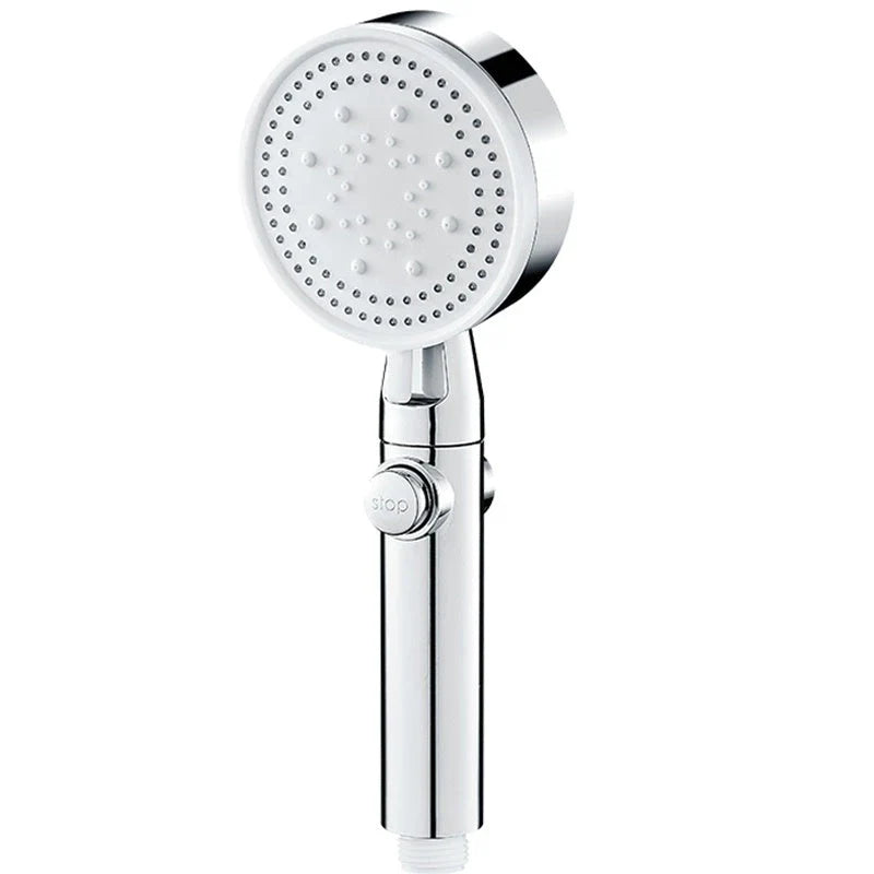 Premium high-pressure shower head with 5-speed supercharged spray patterns, large water output, and modern minimalist design