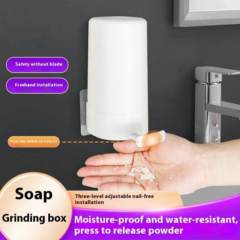 Wall-mounted soap grinder dispenser with adjustable powder output in white
