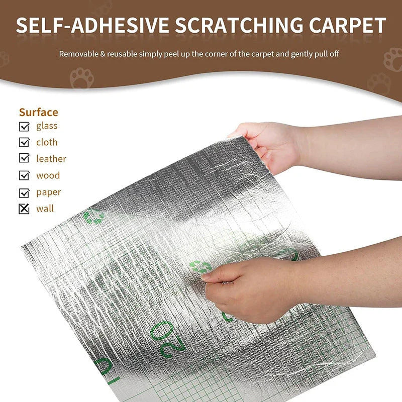 Versatile self-adhesive scratch pad with various color and size options, designed to protect furniture and satisfy a cat's natural scratching needs.