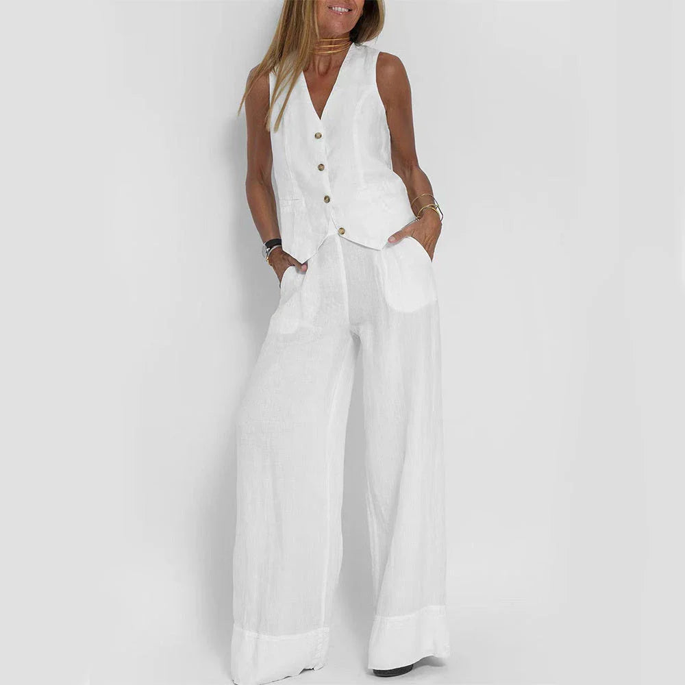 Sleeveless top and straight-leg trousers set in various colors, including apricot, olive green, black, and white.