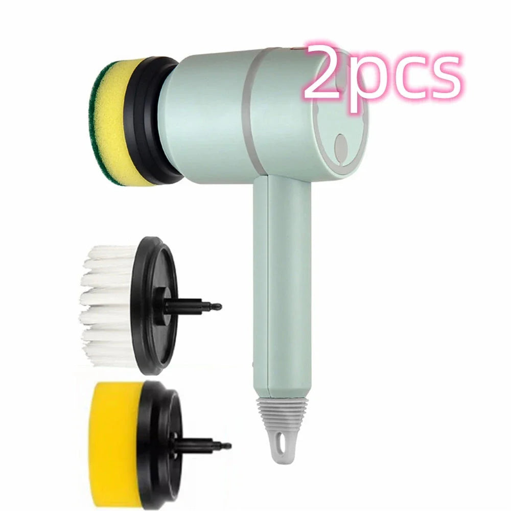Powerful automatic cordless cleaning brush with interchangeable brush heads for cleaning kitchen, bathroom, and other surfaces