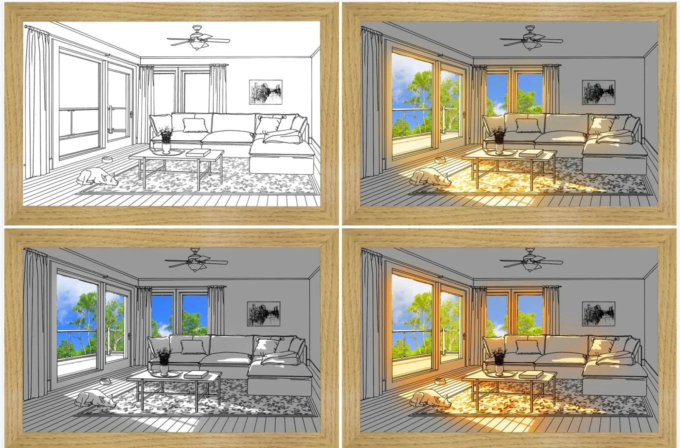Illuminating LED picture light with customizable lighting modes, showcasing various nature scenes and cityscapes