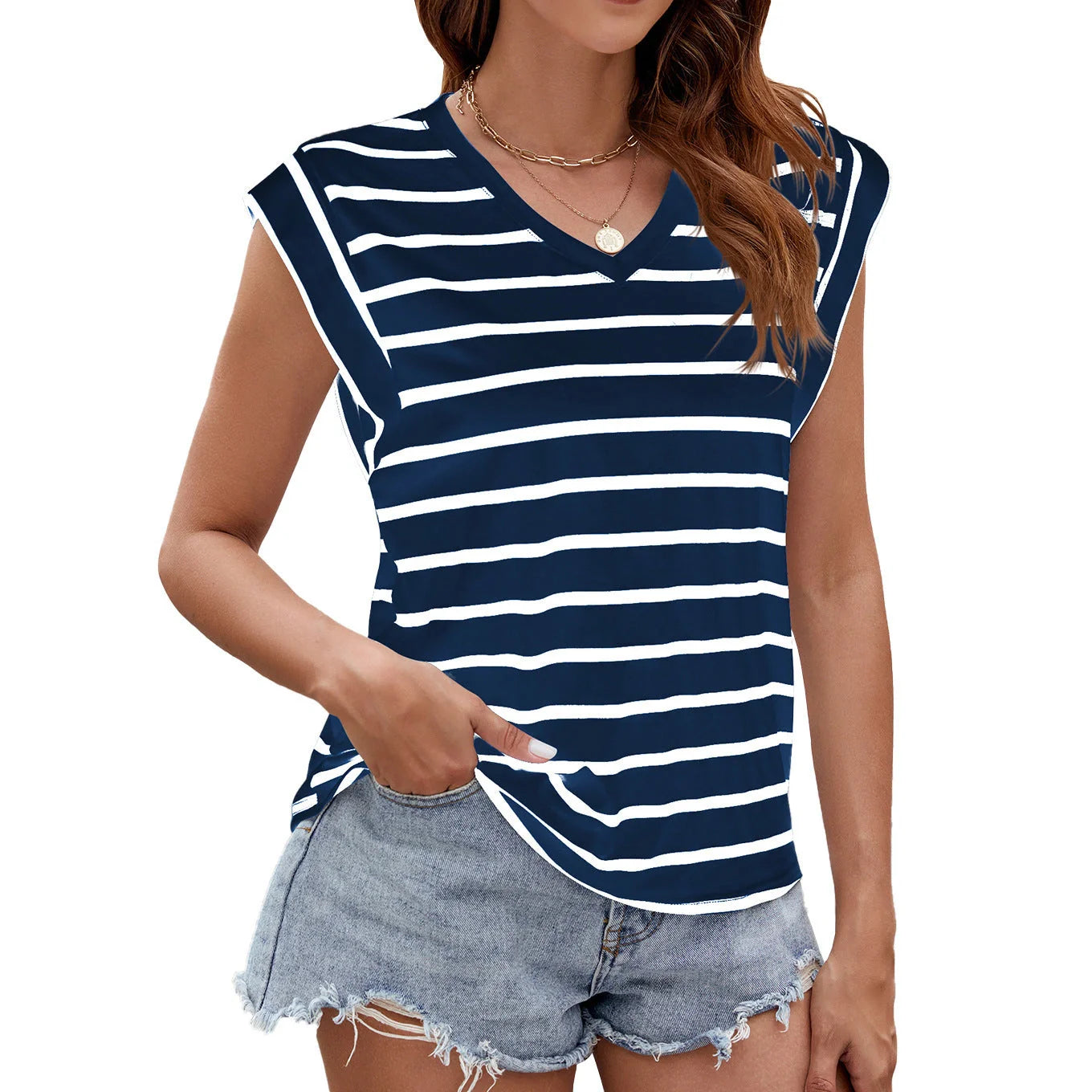 Women's summer V-neck short-sleeved T-shirt in stripe print