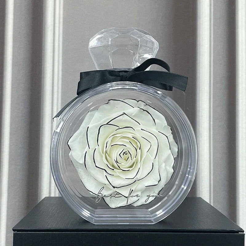 Preserved Rose Flower Ornaments in various colors, including red, pink, plum, and sapphire blue, displayed in a stylish gift box.