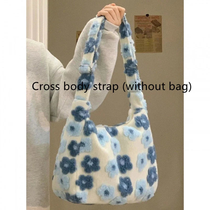 Large capacity fur bag with floral elements and adjustable straps