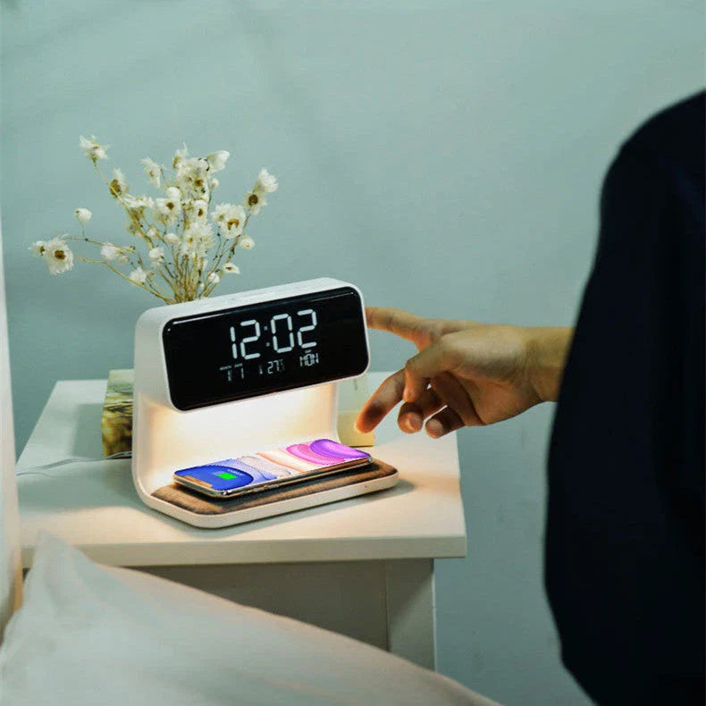 3-in-1 Wireless Charging Bedside Lamp with Adjustable LED Lighting, Alarm Clock, and Wireless Charging Pad