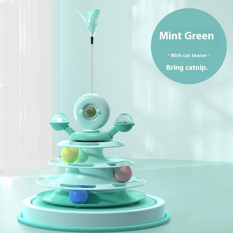 Interactive 4-level cat toy tower with turntable and roller balls in vibrant colours