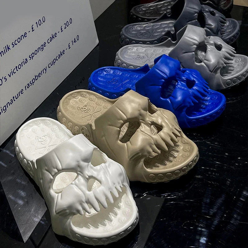 Spooky skull-designed slippers in various colors and sizes for indoor, outdoor, and beach wear