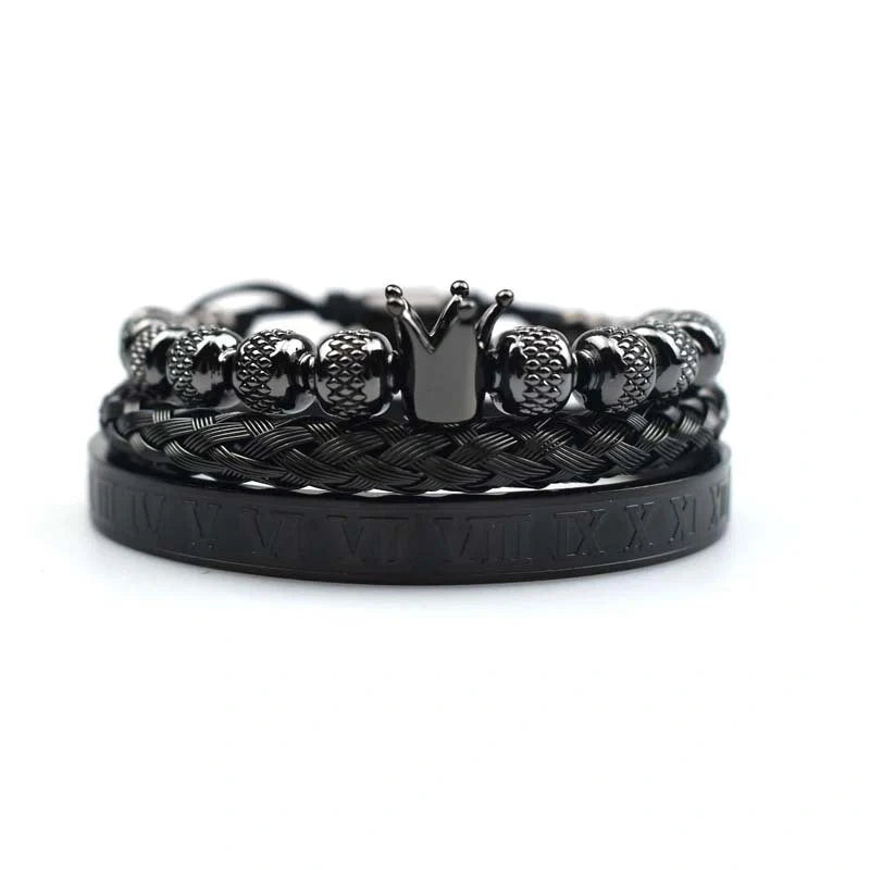 Men's stainless steel crown charm adjustable bracelet with zircon details