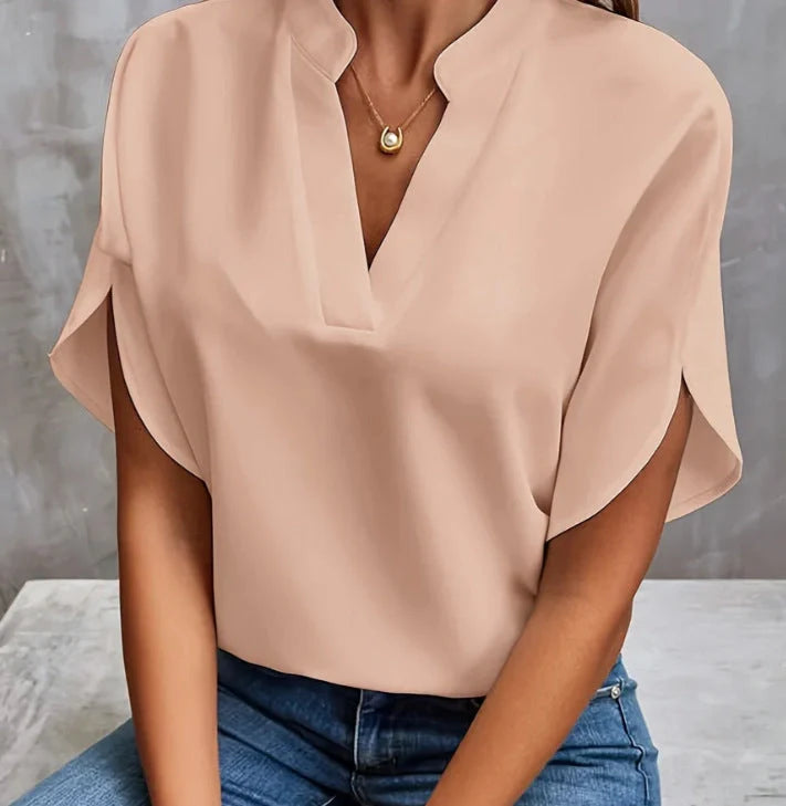 Women's summer short-sleeved chiffon shirt with V-neck design in various colours