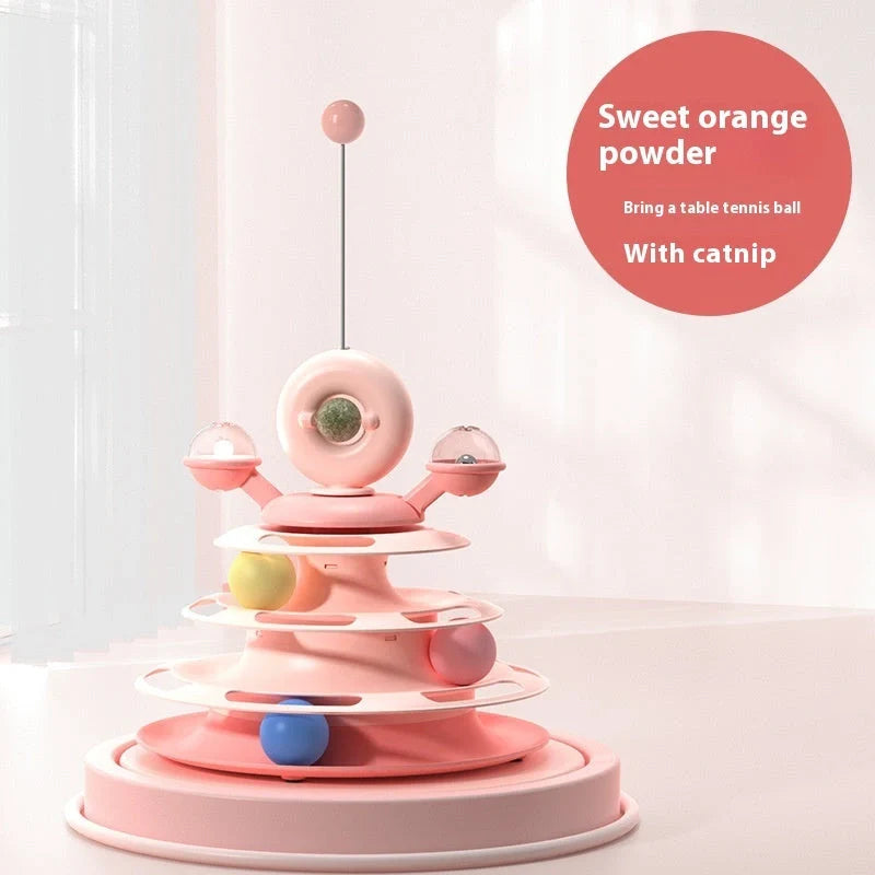 Interactive 4-level cat toy tower with turntable and roller balls in vibrant colours