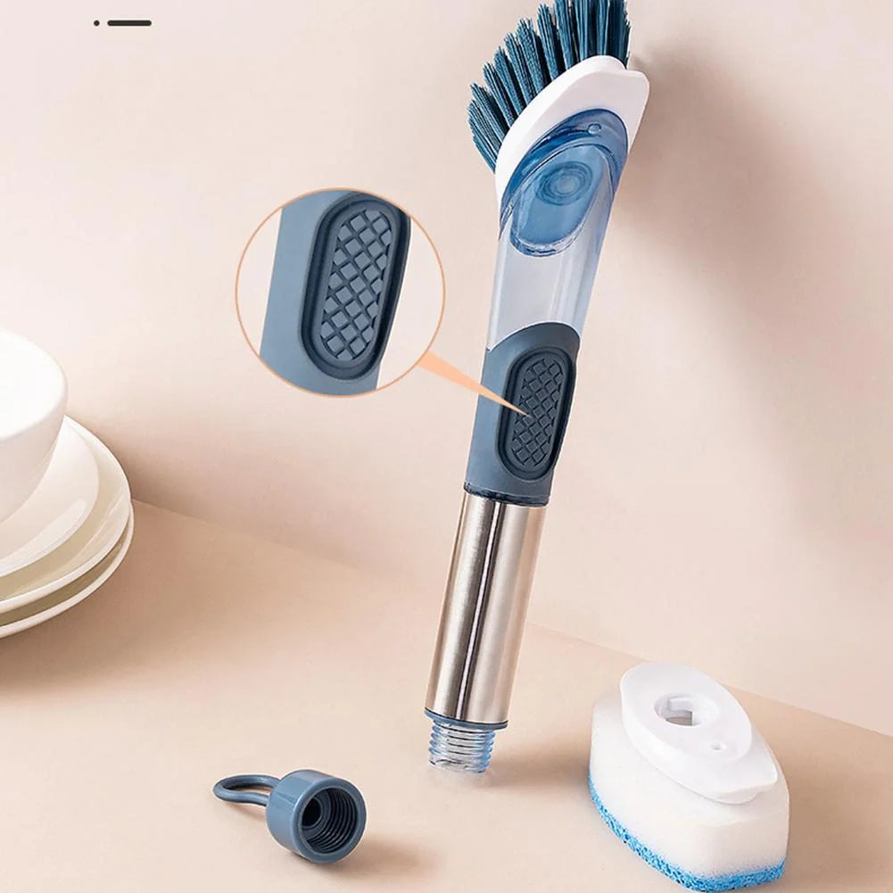 Multifunctional dish brush with soap dispenser and non-slip grip for efficient kitchen cleaning