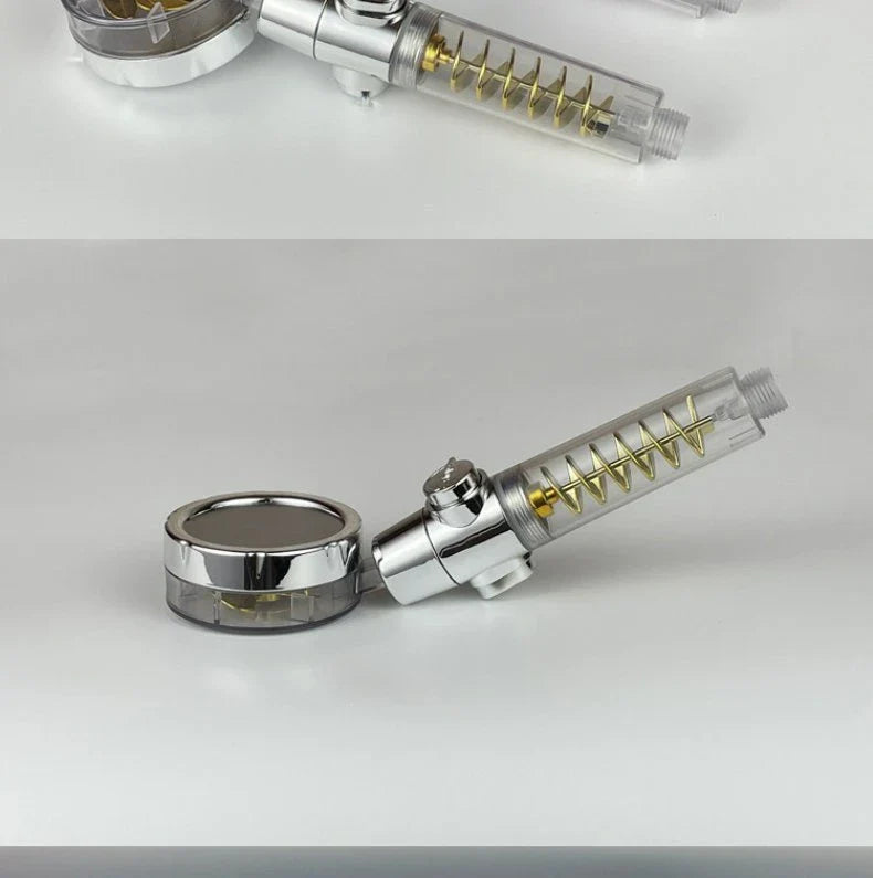 Powerful shower head with advanced hydrating features, including bubble, rain, and one-click water stop functions, in sleek and modern design