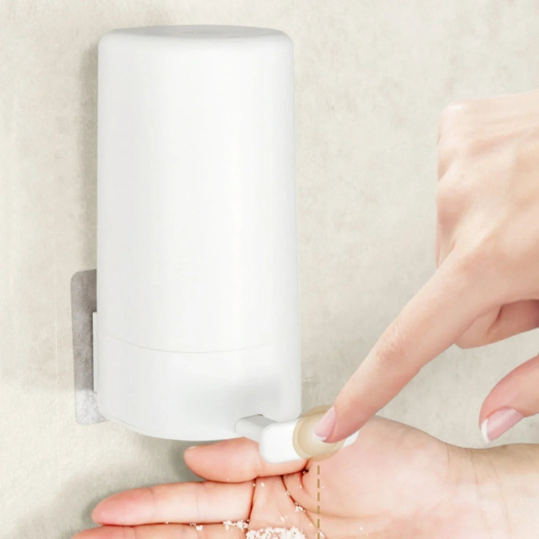 Wall-mounted soap grinder dispenser with adjustable powder output in white