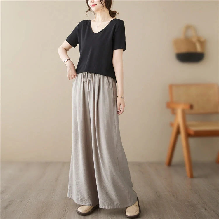 Stylish plus size wide leg straight casual trousers in black, light khaki, and blue green
