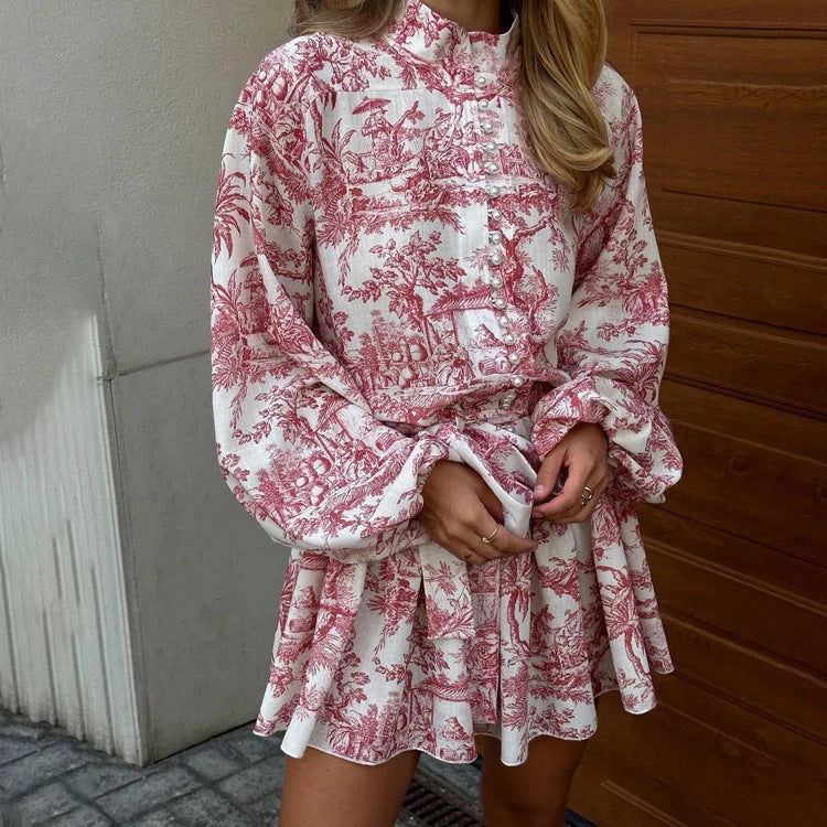 Stylish ink print A-line dress with fashionable puffy sleeves and lapel tie detail