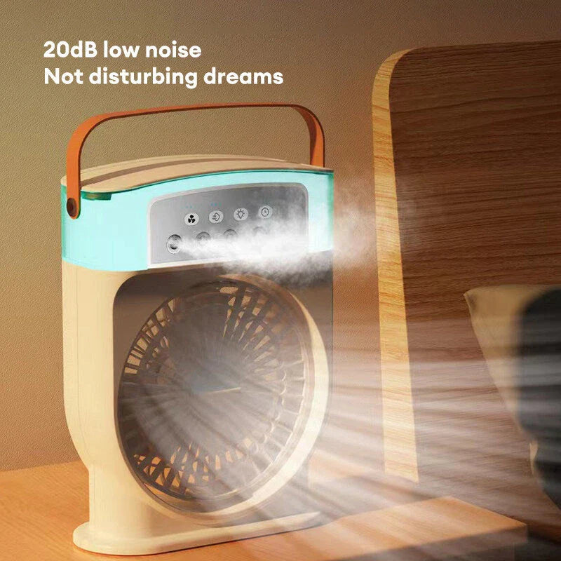 Compact USB-powered evaporative air cooler with 7-color mood lighting, portable design, and powerful fan for personal climate control
