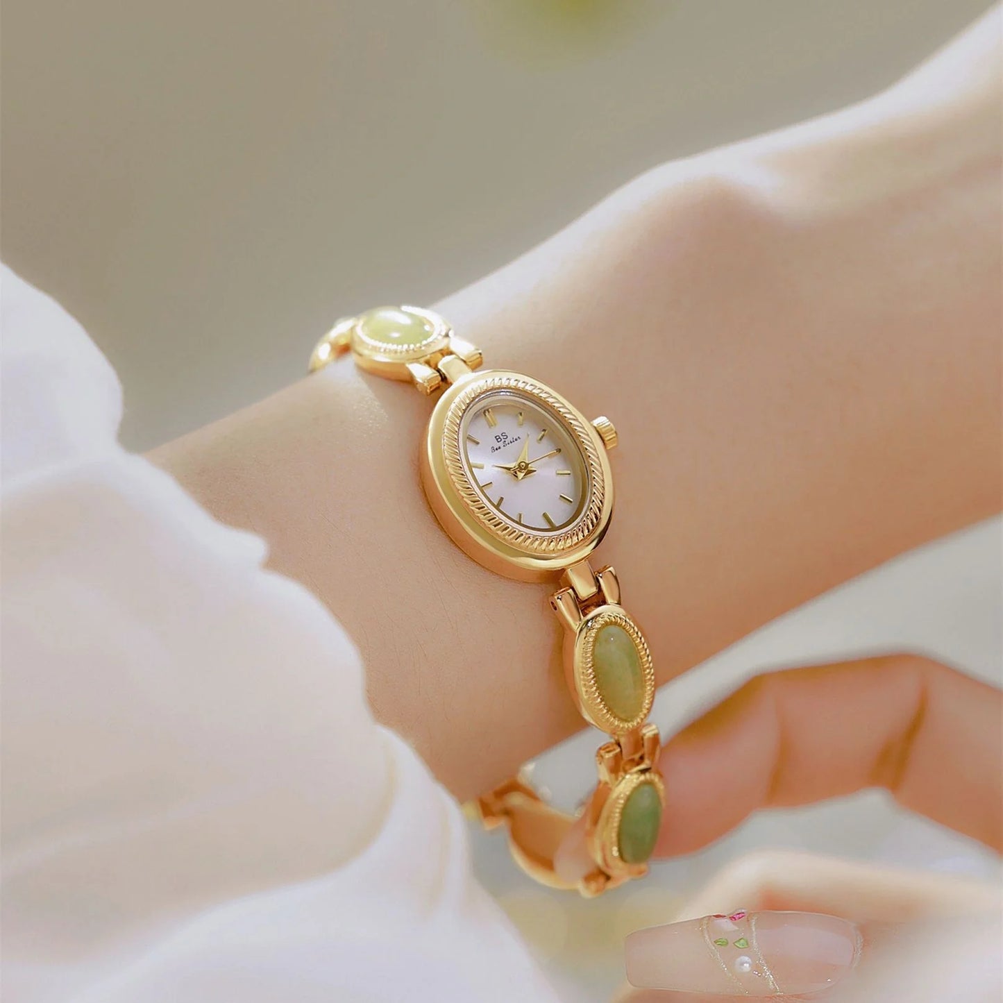 Luxury women's bracelet watch with Hetian Jade and Dongling Stone accents