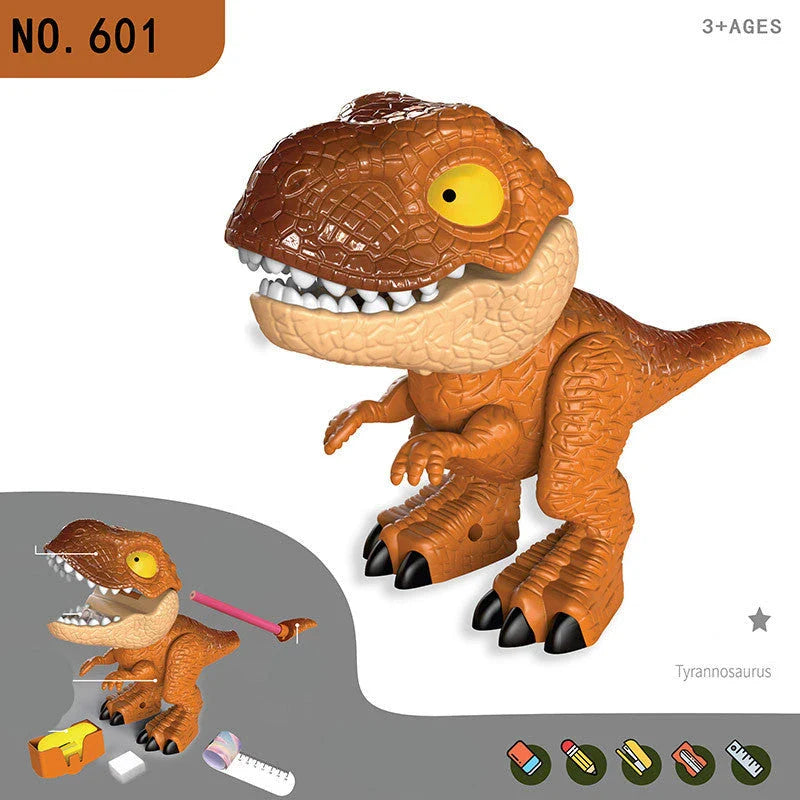 Multifunctional dinosaur-shaped desk organizer with pencil holder, eraser, ruler, and other office supplies