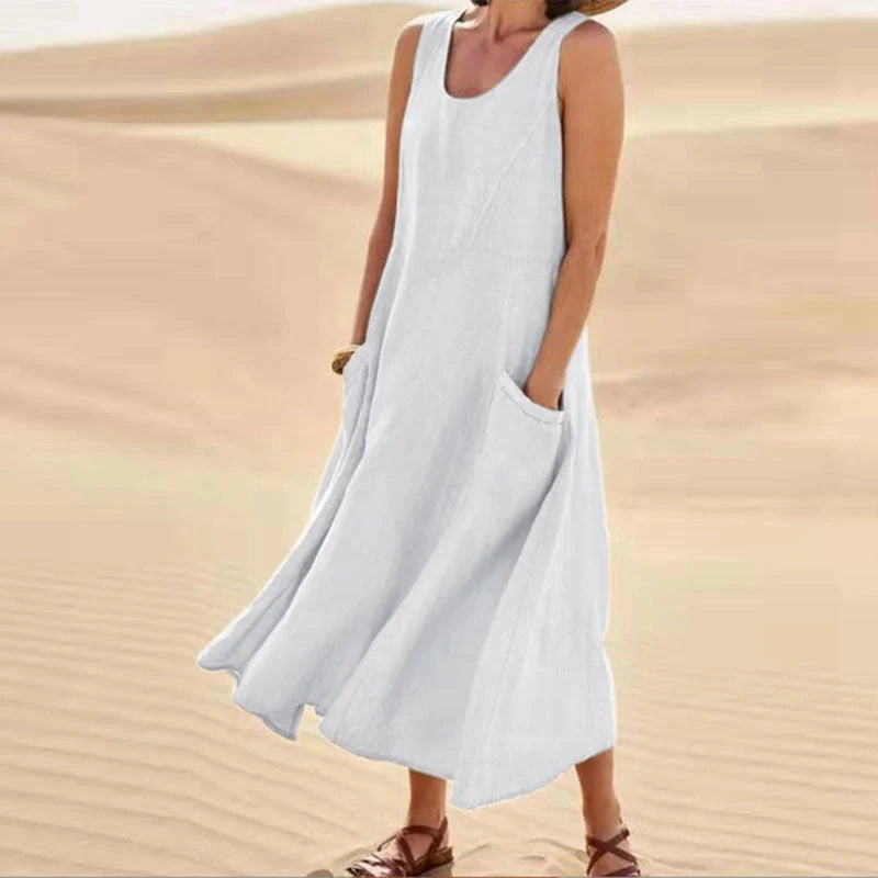 Stylish summer sleeveless long dress with pockets in various colours
