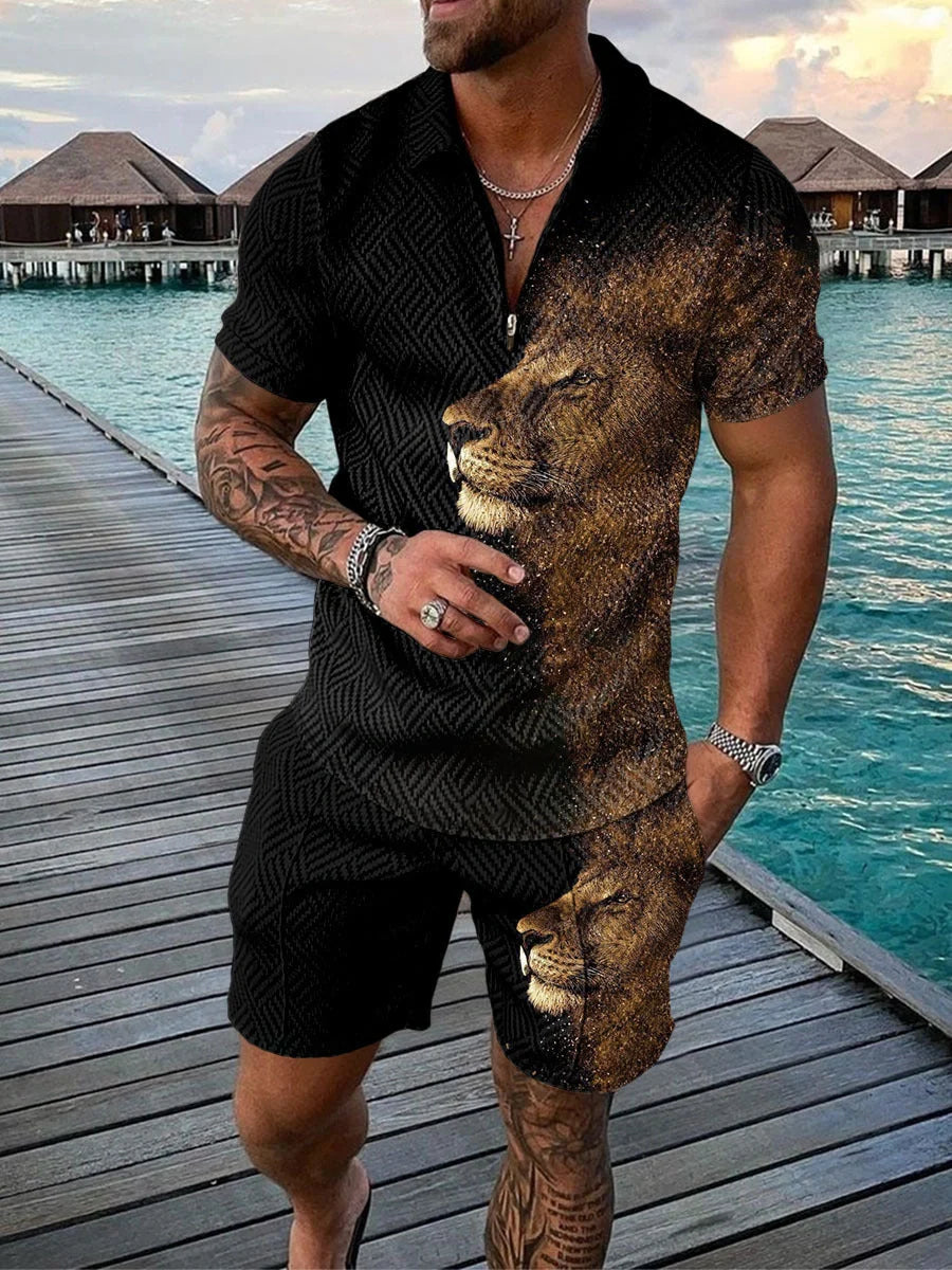Men's casual contrast polo zip lapel shirt with shorts set in various colours
