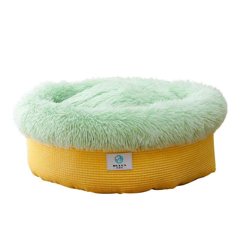 Cozy plush pet bed in pineapple design, providing deep cushioning and non-collapsible support for peaceful pet slumber