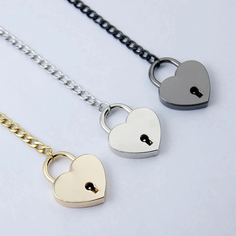 Adjustable Heart Slip Chain Necklace with Key Lock Charm in Black, Silver, and Gold Colours
