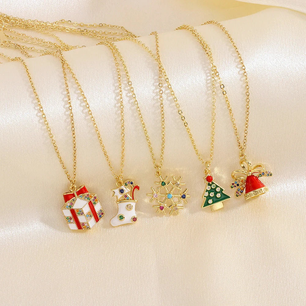 Festive Christmas-themed necklace with oil-drop pendant and coloured rhinestones