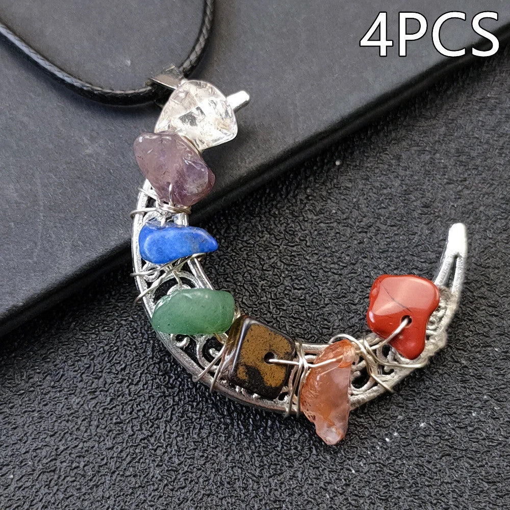 Seven Chakras Crystal Moon Pentagram Necklace in bohemian style