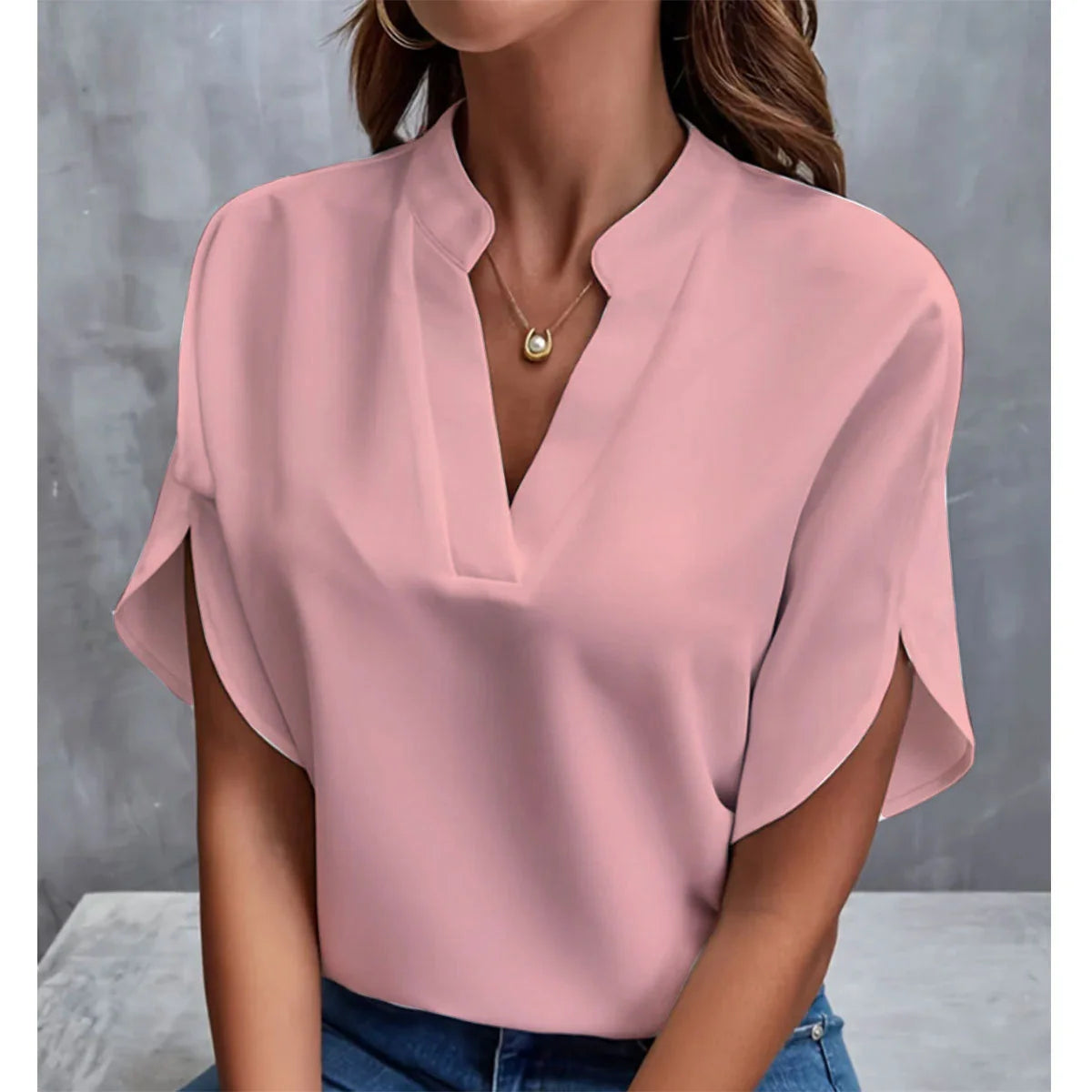 Women's summer short-sleeved chiffon shirt with V-neck design in various colours