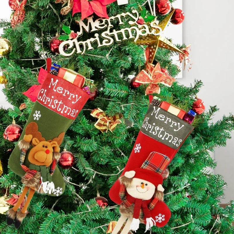 Extra-large Christmas stockings with 3D applique designs of Santa, Snowman, and Reindeer