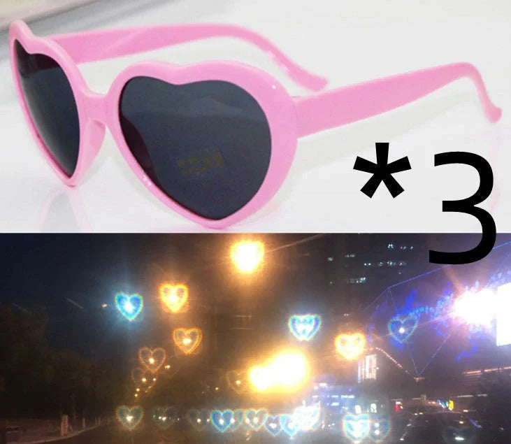 Stylish heart-shaped sunglasses with unique lens design that transforms light into enchanting special effects