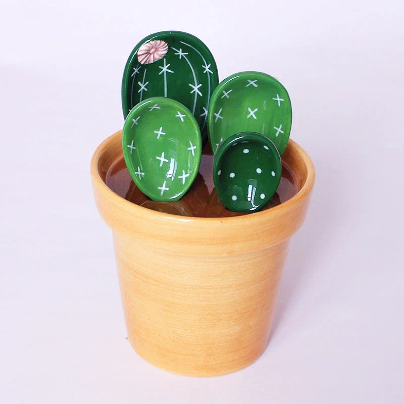 Ceramic measuring spoons set with wave-patterned base and color-coded spoons for precise ingredient portioning in the kitchen