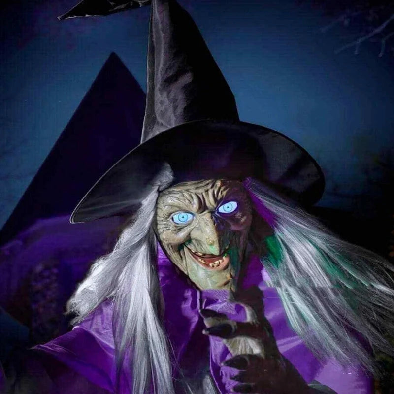Captivating 6-foot-tall floating witch decoration with lifelike face and dramatic purple skirt, perfect for spooky Halloween displays