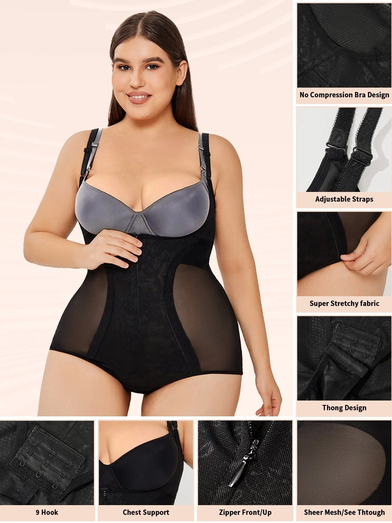 Women's slimming shapewear bodysuit in black and apricot for tummy control and a smooth silhouette.
