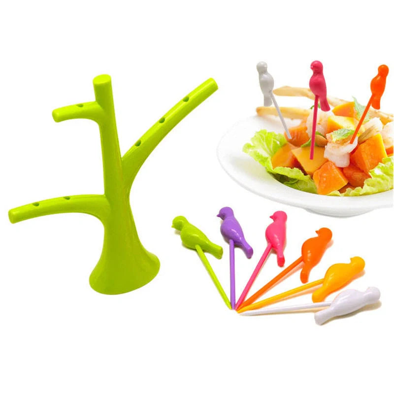 Kids' plastic fruit forks with tree and birds design in vibrant colours