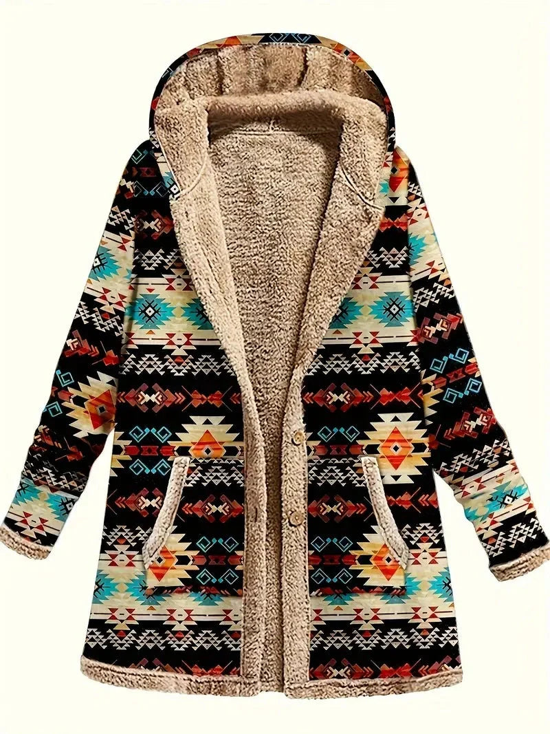 Stylish printed cotton and linen hoodie with warm plush lining, perfect for cooler weather.