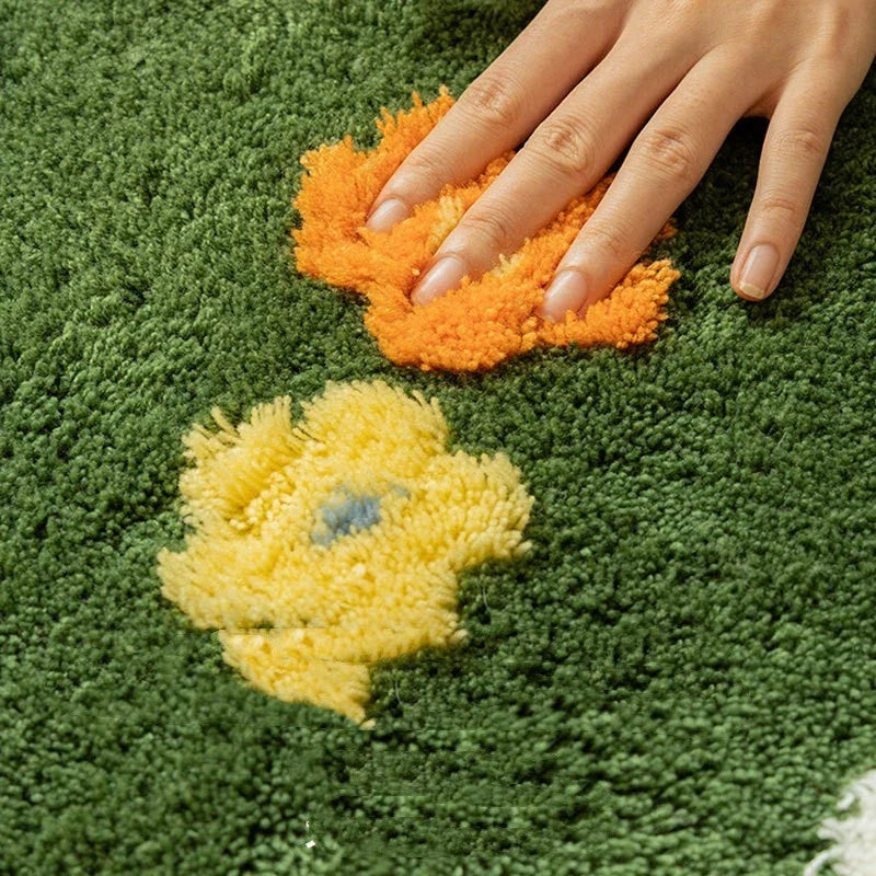 Stylish and cozy floral carpet with vibrant green grass pattern, suitable for living rooms, bedrooms, and entryways