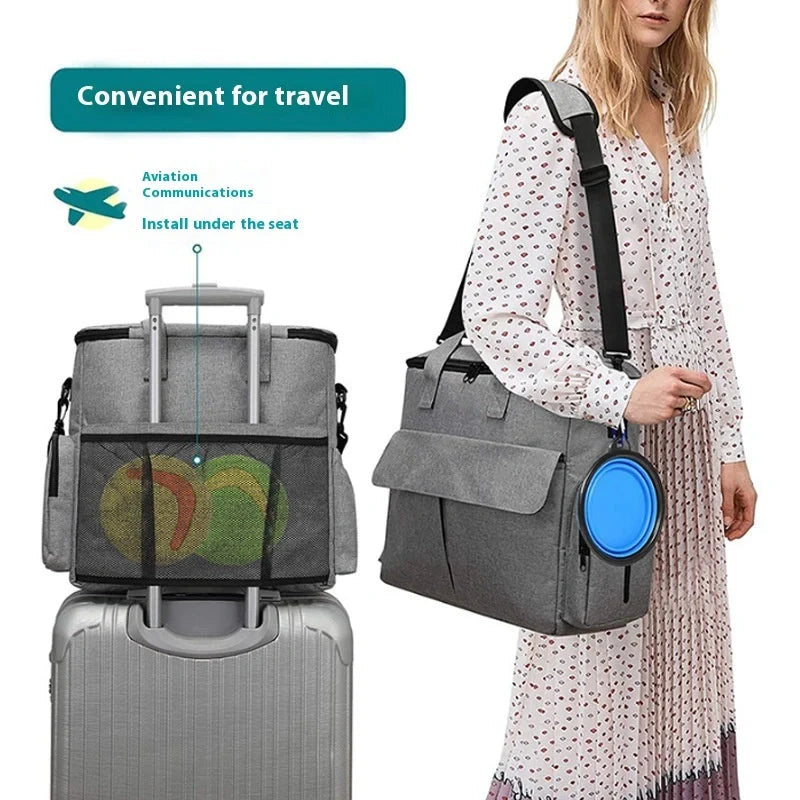Grey dog travel backpack with removable divider and multiple carrying options